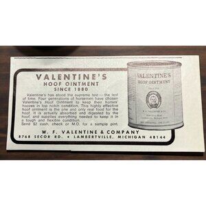 WF Valentines Hoof Ointment Vintage Mini Print Ad 1970s Horses Lambertville MI